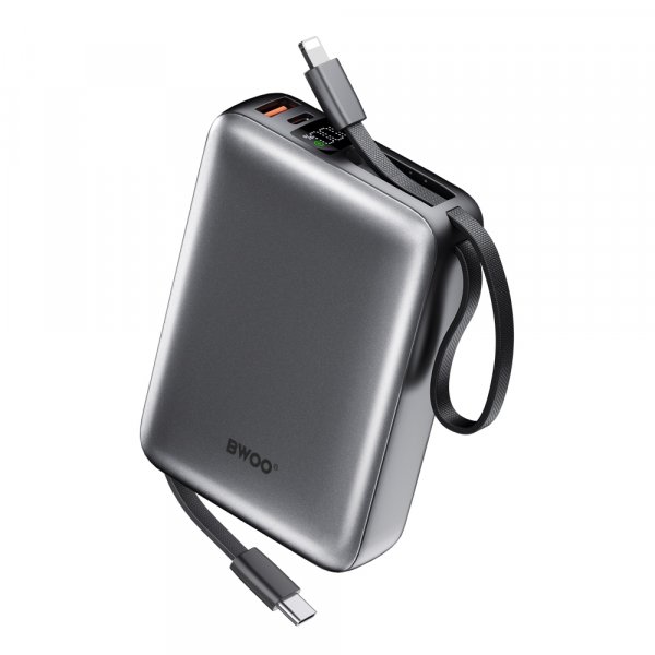BWOO P73 20000mAh powerbank 22,5 W gyorstöltés, beépített kábelek (USB C és Lightning) fekete
