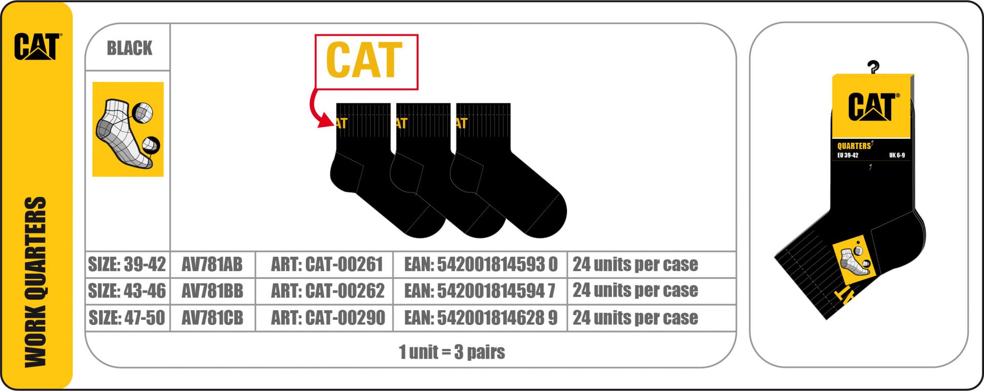 Caterpillar Zokni AV781A 3-PACK RVID MUNKAZOKNI, FEKETE CAT-00261 - 39-42